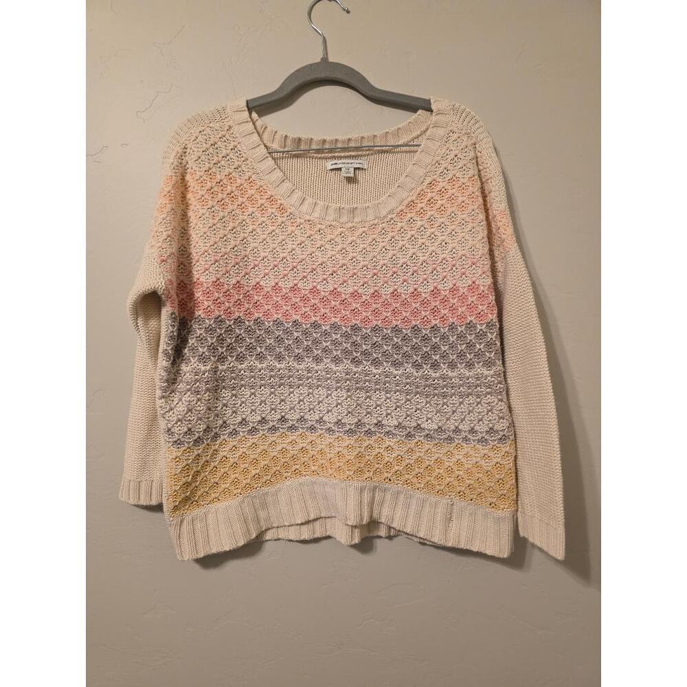 American Eagle Soft Knit Sweater Small Cream Pastel Stripe Cozy Lightweight S/P